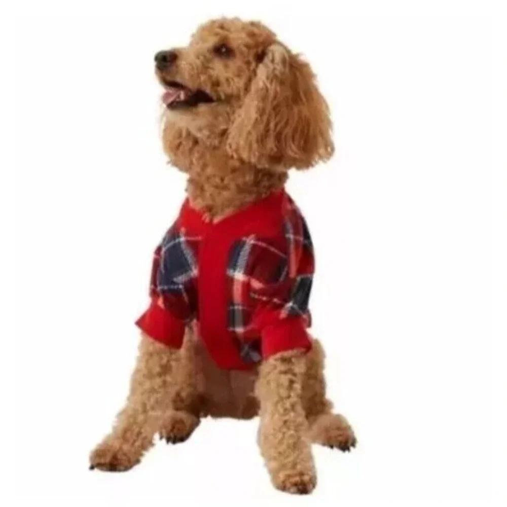 Eddie Bauer Dog Holiday Red Plaid Flannel Sweater LARGE Christmas Winter Picture
